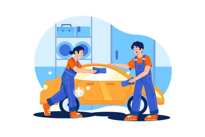 Worker cleaning car Illustration