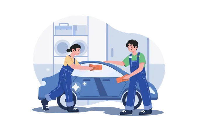 Worker cleaning car  Illustration