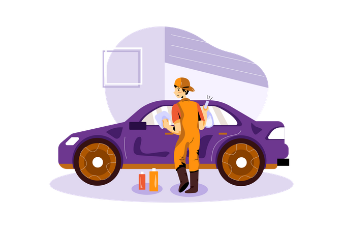 Worker Cleaning Car  Illustration