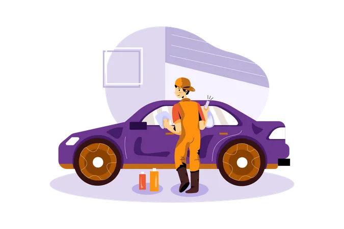 Worker Cleaning Car  Illustration