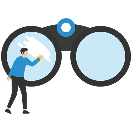 Worker cleaning huge eyeglass lenses for owner to get clear vision  イラスト
