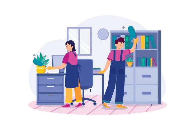 Worker Cleaning The Office With A Feather Brush  Illustration