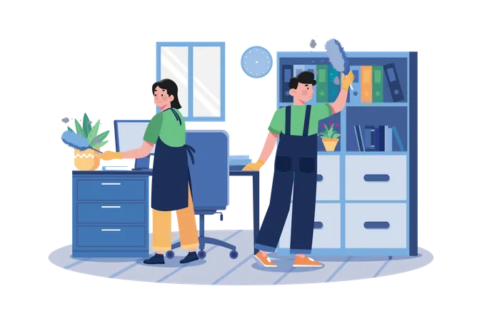 Worker Cleaning The Office With A Feather Brush Illustration