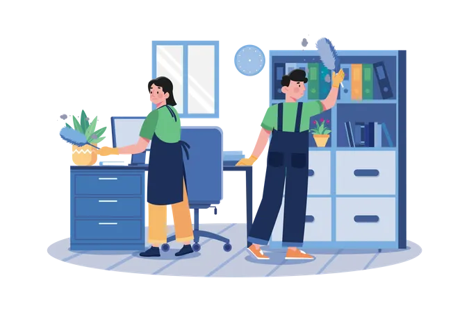 Worker Cleaning The Office With A Feather Brush  Illustration