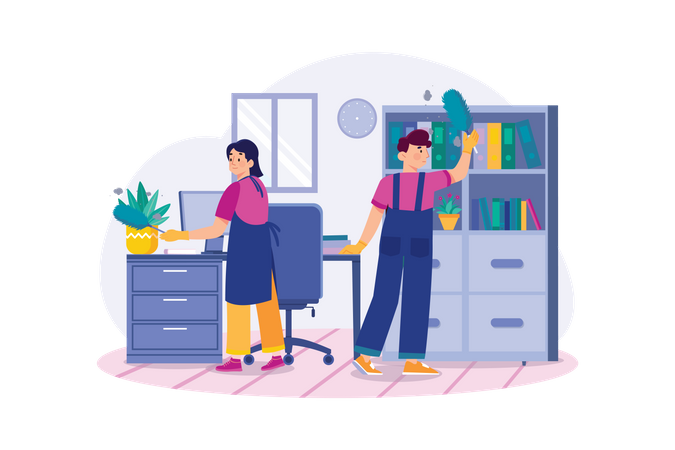 Worker Cleaning The Office With A Feather Brush  일러스트레이션