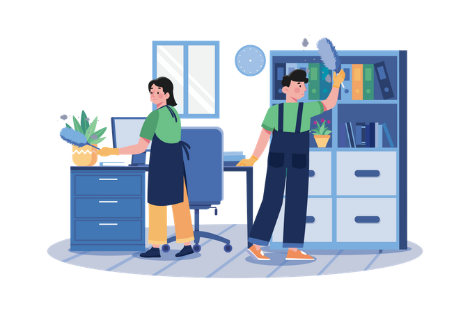 Worker Cleaning The Office With A Feather Brush  일러스트레이션