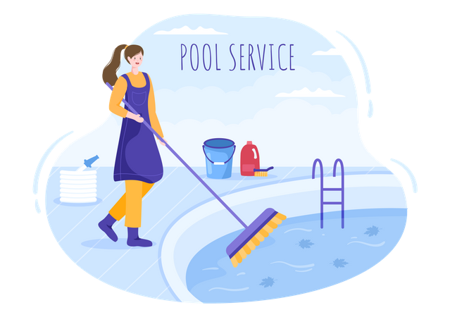 Worker cleaning water in pool with Broom  Illustration