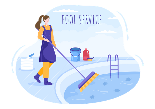 Worker cleaning water in pool with Broom  Illustration