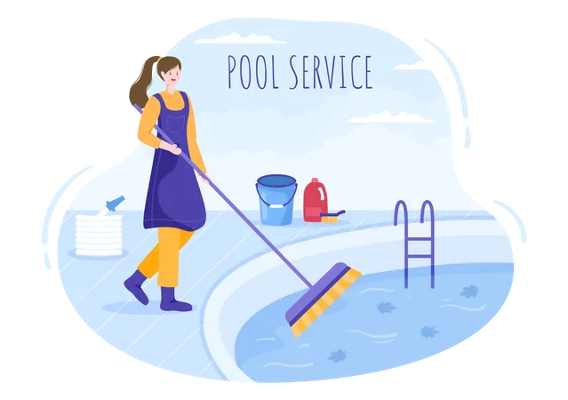 Worker cleaning water in pool with Broom  Illustration