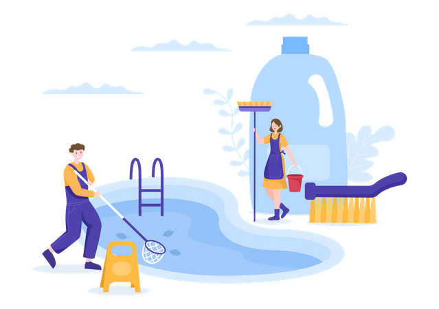 Worker cleaning water in pool with Net  Illustration