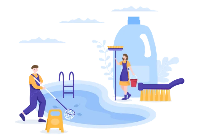 Worker cleaning water in pool with Net  Illustration