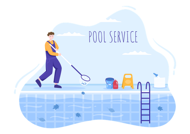 Worker cleaning water in pool with Net  Illustration