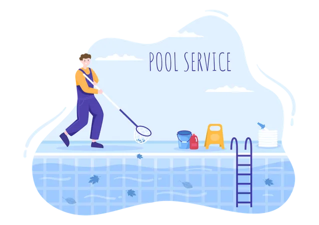 Worker cleaning water in pool with Net  Illustration