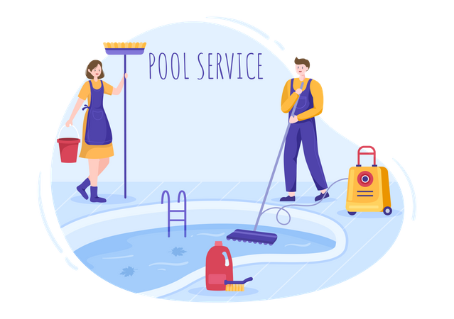 Worker cleaning water in pool with vacuum cleaner Illustration