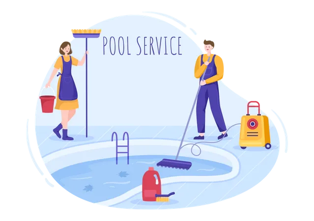 Worker cleaning water in pool with vacuum cleaner Illustration