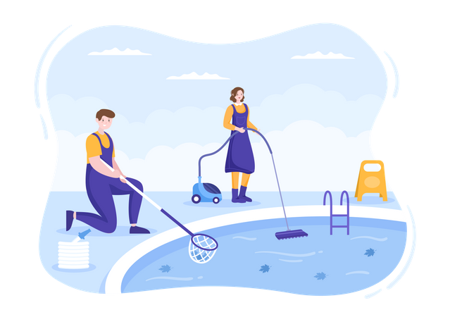 Worker cleaning water in pool with vacuum cleaner and Net Illustration