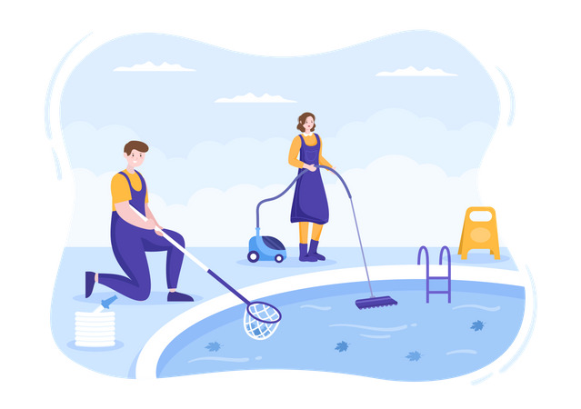 Worker cleaning water in pool with vacuum cleaner and Net  Illustration