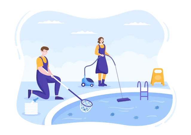 Worker cleaning water in pool with vacuum cleaner and Net  Illustration