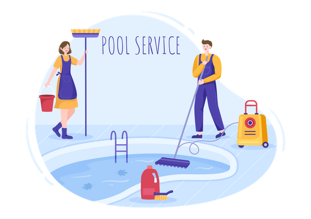 Worker cleaning water in pool with vacuum cleaner  Illustration