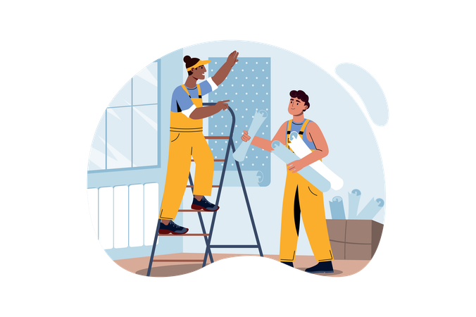 Worker climbs up on ladder  Illustration