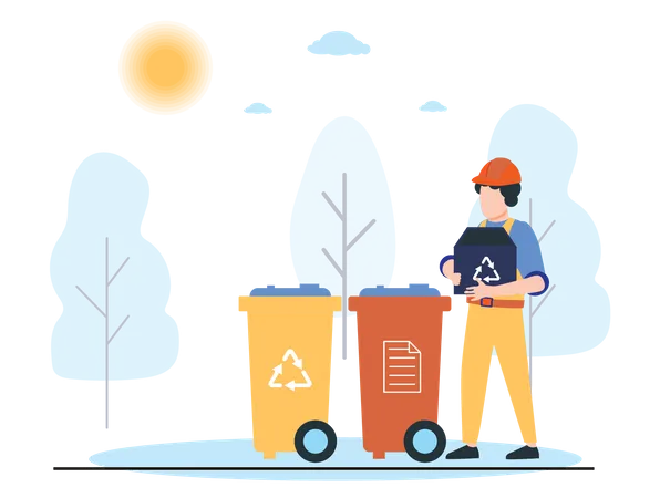Worker collecting trash and throw in dustbin Illustration