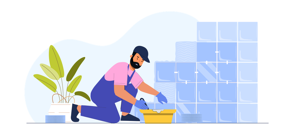 Worker Constructing Building Wall  Illustration