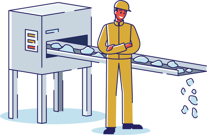 Worker Controls The Quality And Process Iron Ore Supply By Conveyor  Illustration