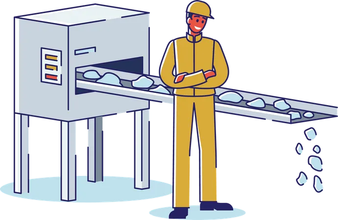 Worker Controls The Quality And Process Iron Ore Supply By Conveyor  Illustration