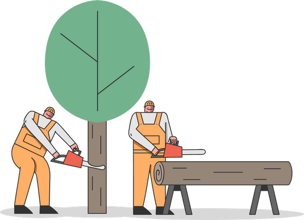 Worker cutting tree and collecting logs Illustration