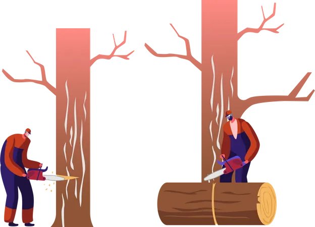 Worker Cutting Tree and Collecting Logs Illustration