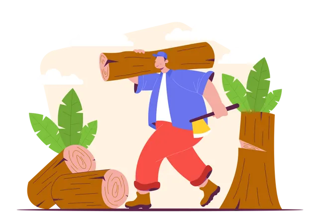 Worker cutting tree and collecting logs Illustration