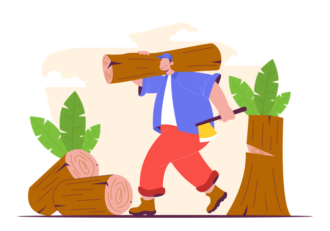 Worker cutting tree and collecting logs  Illustration