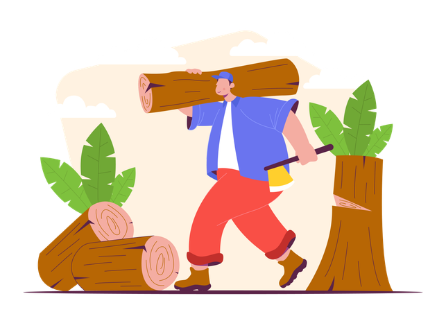 Worker cutting tree and collecting logs  Illustration