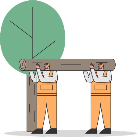 Worker cutting trees and gathering logs  Illustration