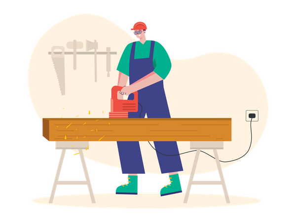 Worker cutting wooden Illustration