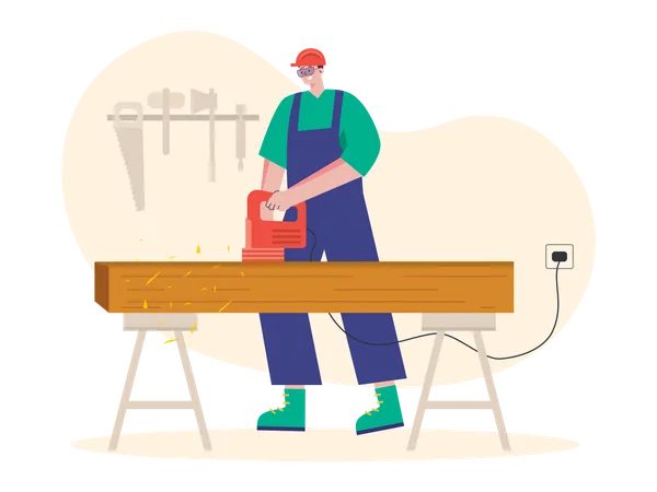 Worker cutting wooden Illustration