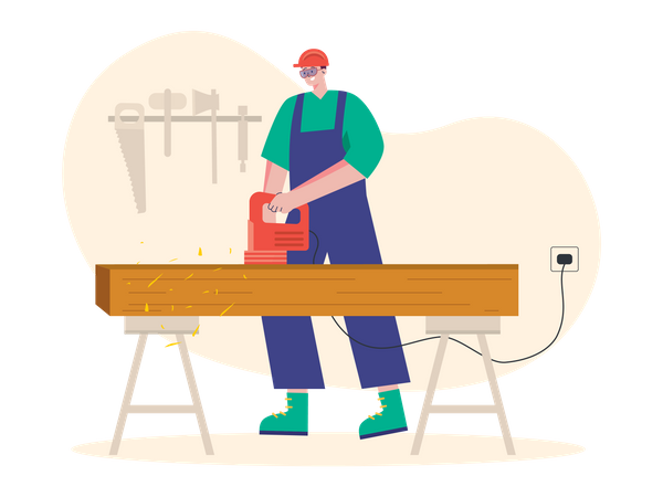 Worker cutting wooden  Illustration