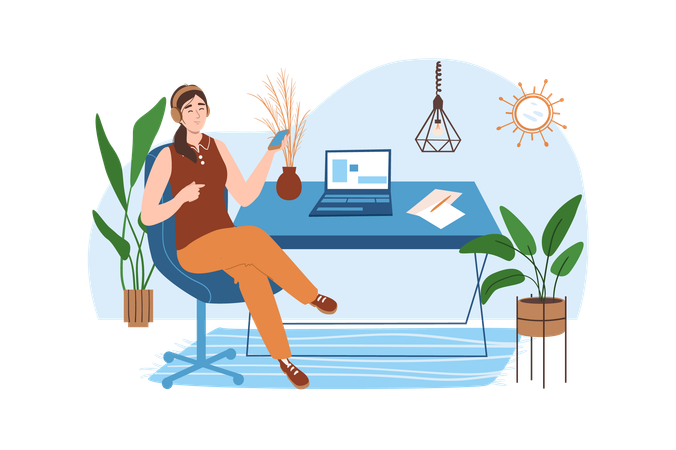 Worker decided to listen to music to relax and then continue working  Illustration