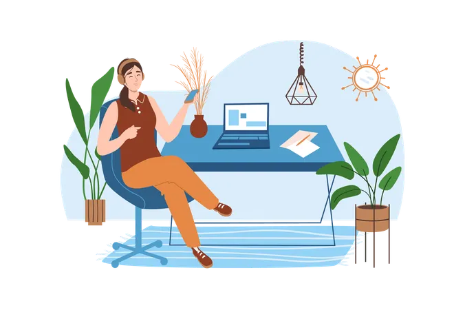 Worker decided to listen to music to relax and then continue working  Illustration