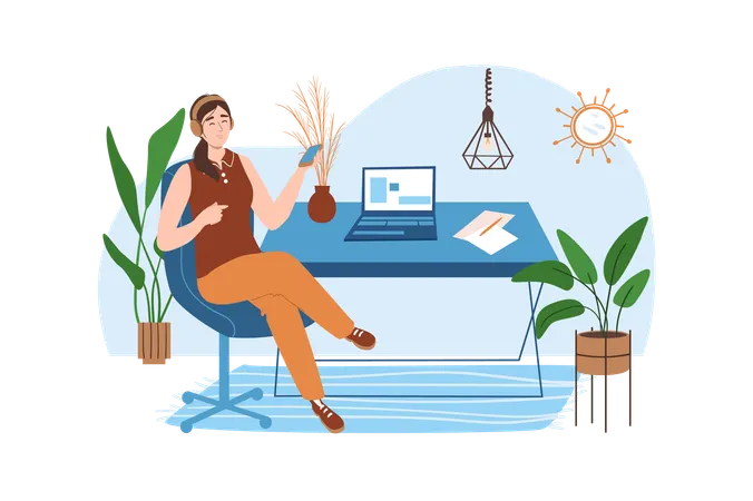 Workplace Blue Concept With People Scene In The Flat Cartoon Design Worker Decided To Listen To Music To Relax And Then Continue Working Vector Illustration Illustration