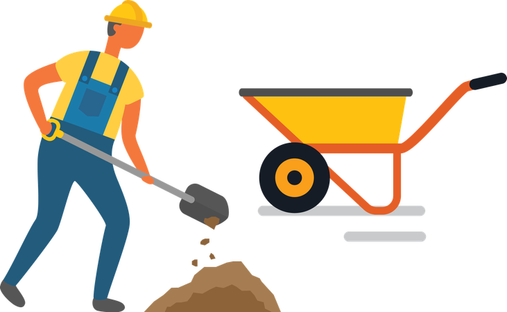 Worker Digging Hole with Shovel into Cart Vector  Illustration