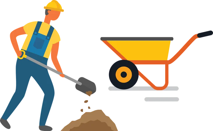 Workman With Instruments And Tools For Construction Vector Isolated Character With Shovel And Carriage Cart Man Wearing Helmet And Special Clothes Illustration