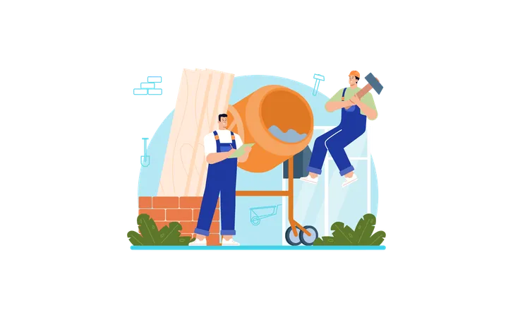 Constructor Web Banner Or Landing Page House And Road Building Process Workers Using Constructing Tools And Materials City Area Development Flat Vector Illustration 일러스트레이션