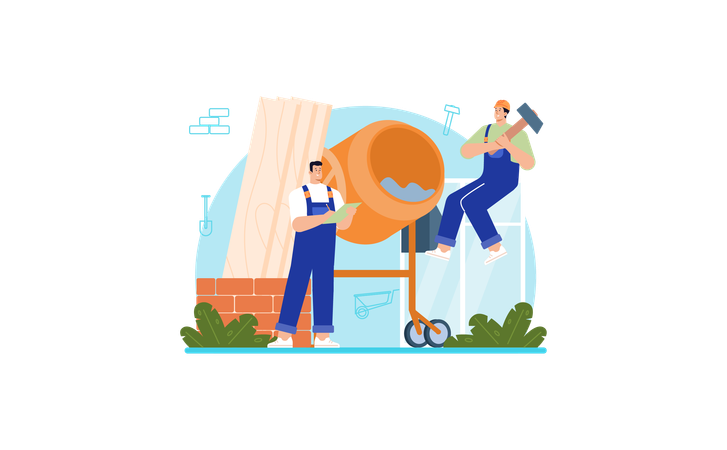 Worker doing cement mixing  イラスト