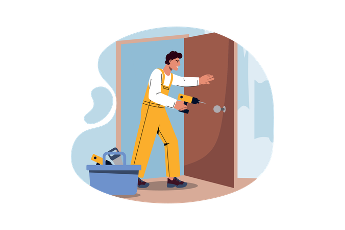 Worker doing door fitting  Illustration