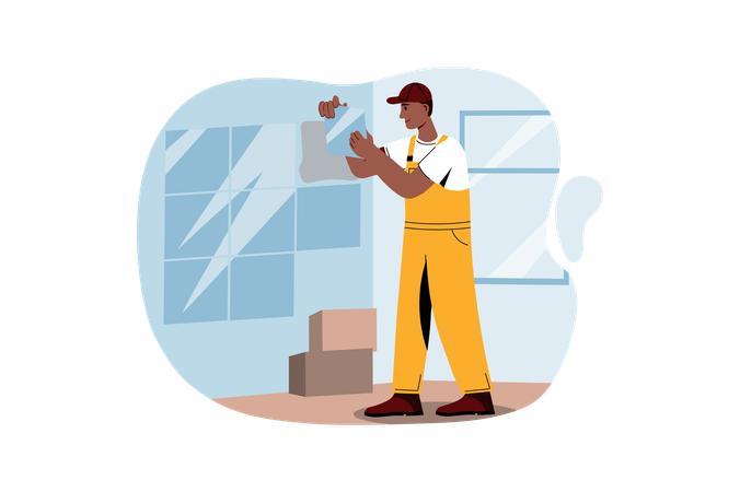 Worker doing wall construction  Illustration