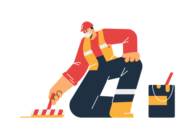 Worker draws road markings using paint brush  Illustration