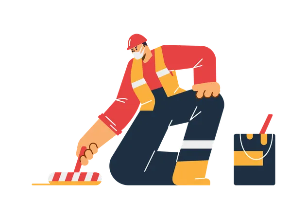 Worker draws road markings using paint brush  Illustration