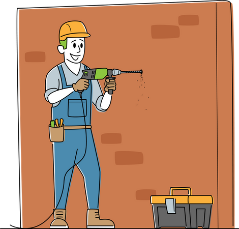 Worker Drill Wall  Illustration
