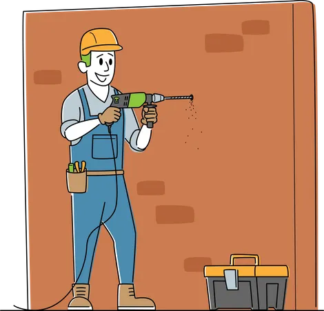 Worker Character Drill Brick Wall Home Repair Service Construction Renovation And Remodeling Works Locksmith Repairman In Robe With Tools Engineering Installation Linear Vector Illustration Illustration